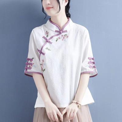 Summer Embroidery Half Sleeve Female Chinese Style Hanfu Improve Cotton and Linen Breathable Shirt Cheongsam Tops