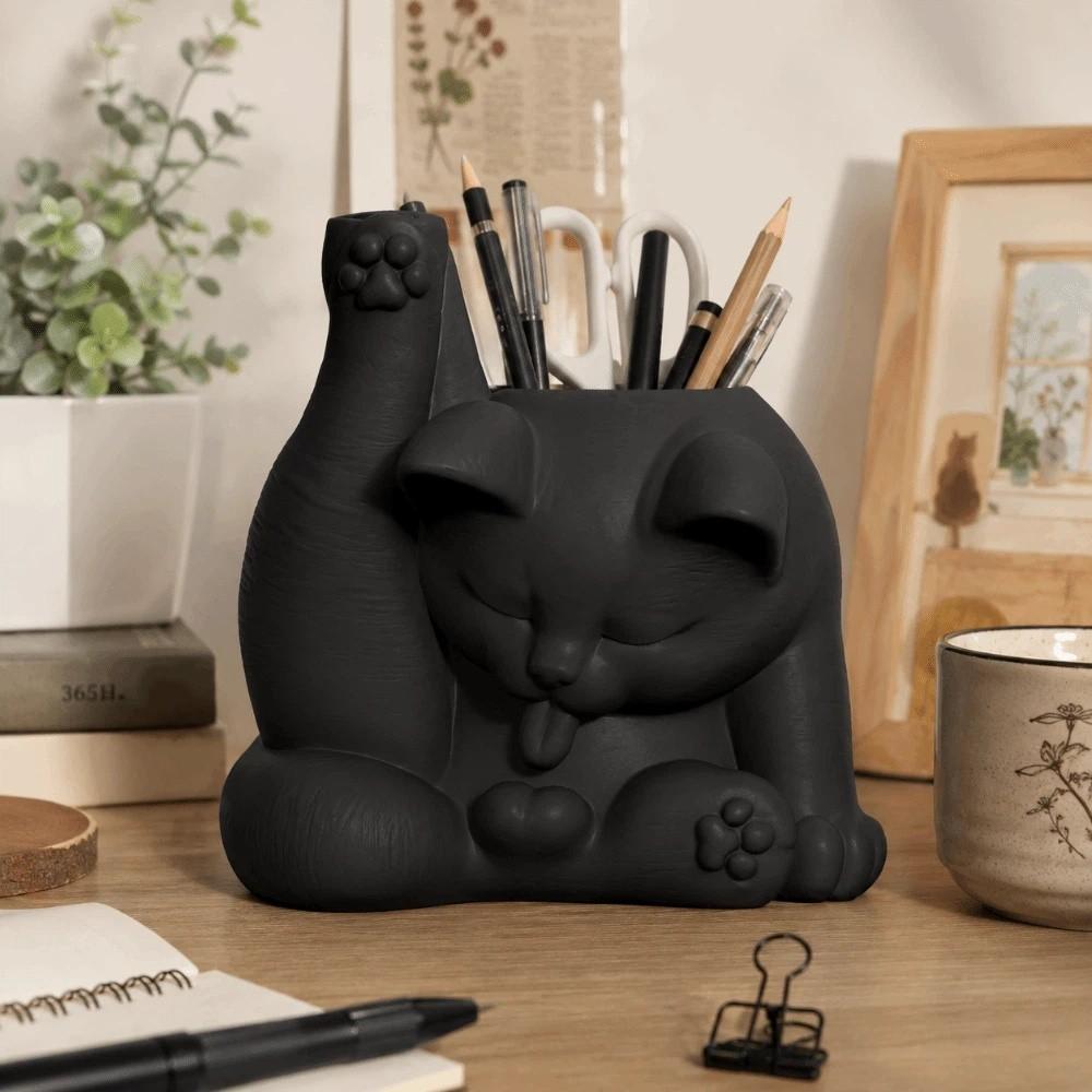 Funny Makeup Brush Holder 3D Printed Desk Storage Box Licking Paw Cat Statue Stationery Storage