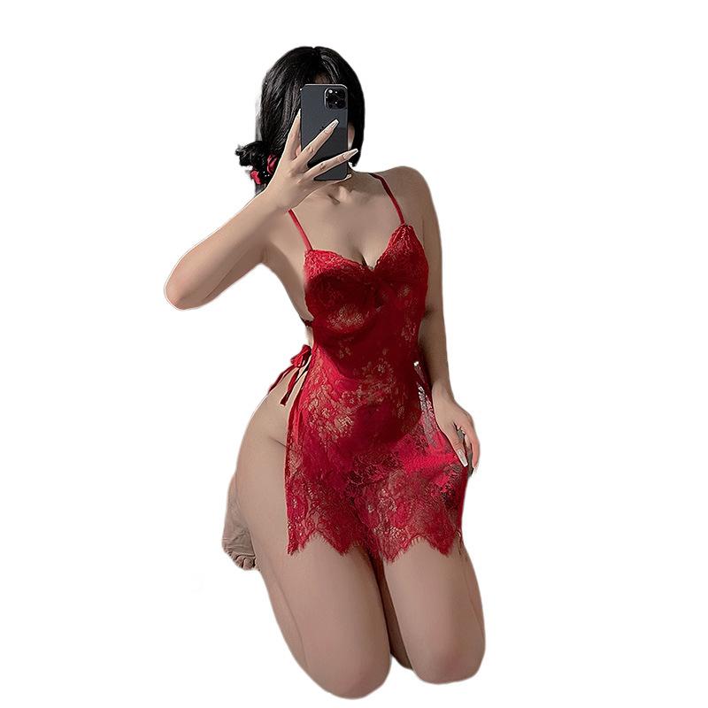 Women's seductive transparent lace backless slip dress plus size lace-up sexy lingerie