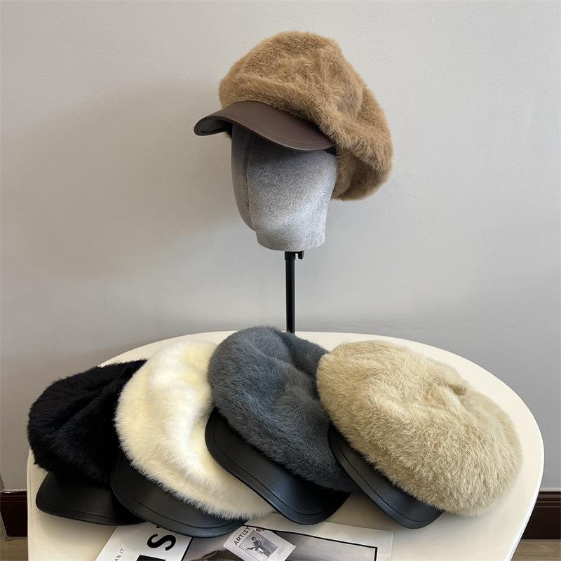Imitation Mink Leather Brim Newsboy Hat Women's Autumn and Winter New Literary and Retro Fashion Duck Tongue Painter Hat