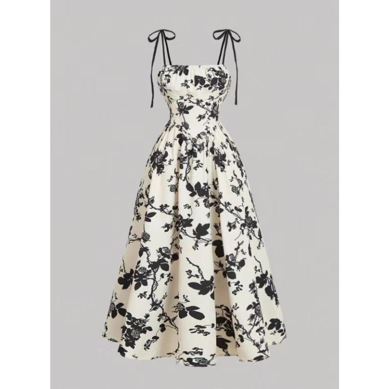 women s French Vintage Floral Print Tie Strap Square Neck High Waist A‑Line Midi Dress Elegant Casual Summer Dress S