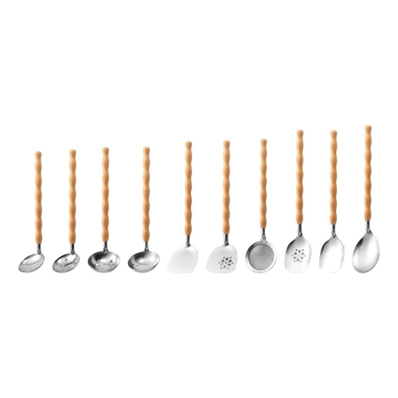 

10Pcs 304 Stainless Steel And Wooden Handle Cooking Tool Set Ergonomic Nonslip Designs Cooking Utensils 1