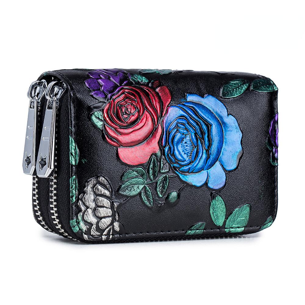 Fashion Rfid Women Card Holder Split Leather Double Zipper Card Case Large Capacity 3D Flower Printed Lady Women Wallets Purses