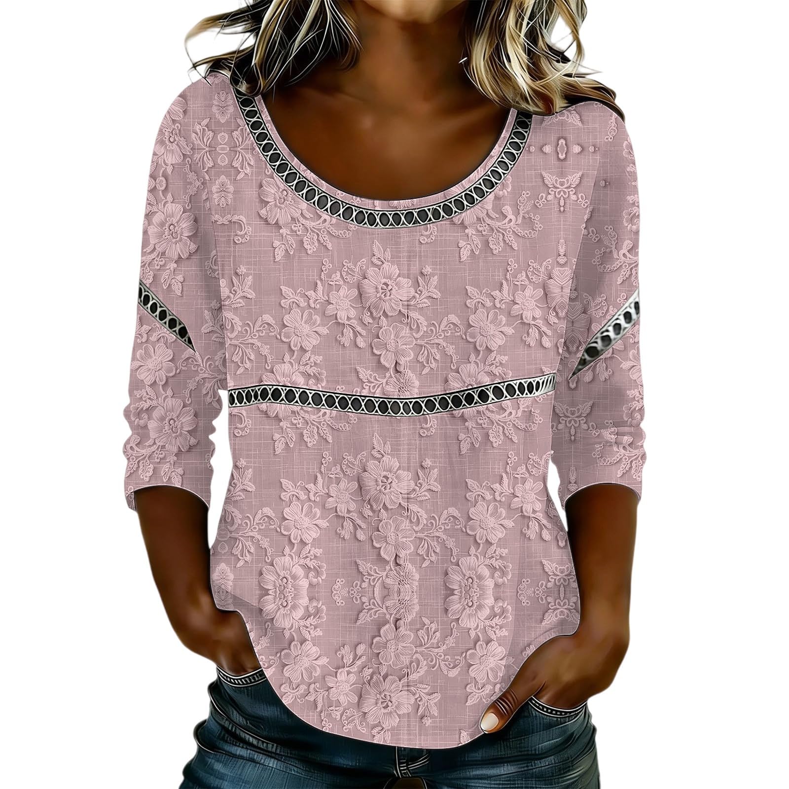 

Women s Fashionable Casual Floral Print Seven Quarter Sleeved Round Neck T-Shirt Top L розовый