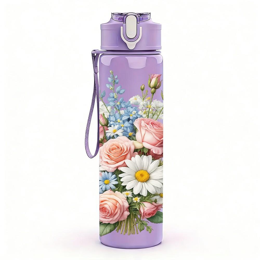 1PC Soft Mixed Pastel Bouquet 750ml Color Plastic Sports Water Bottle Leakproof Flip Straw Lid Suitable for Sports Office Home Use