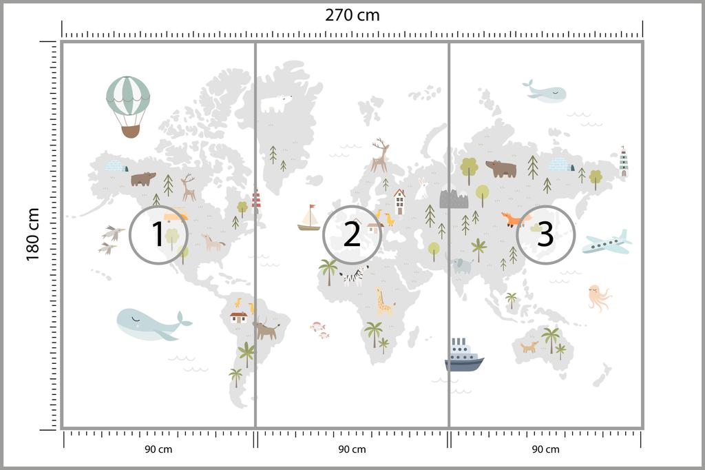 Photomural World Map With Cute Animals In Cartoon Style. Map For Nursery, Kids Room With Nature, Animals, Transports. Scandi Smooth Vinyl 270x180