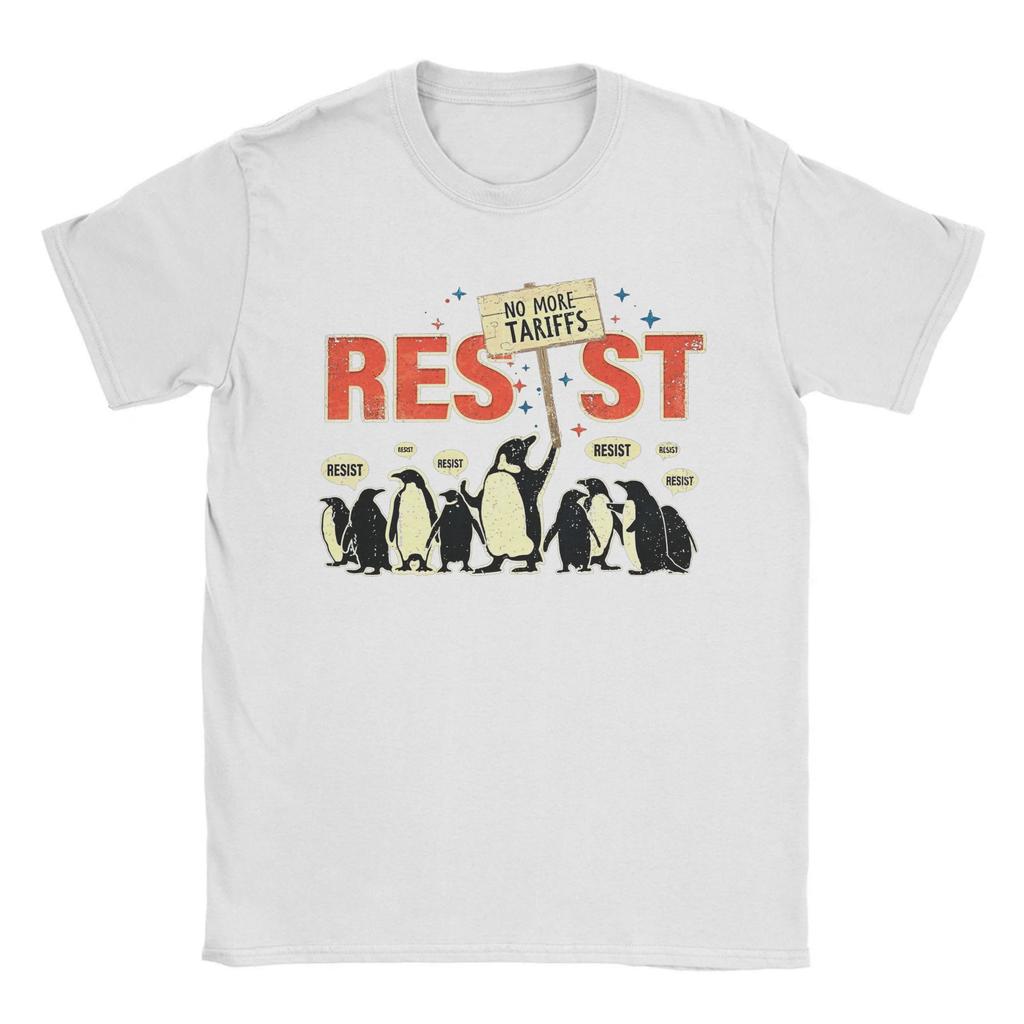 Casual Resist Penguin No More Tariffs T-Shirts Men Crew Neck Cotton T Shirt Funny Short Sleeve Tee Shirt Original Tops