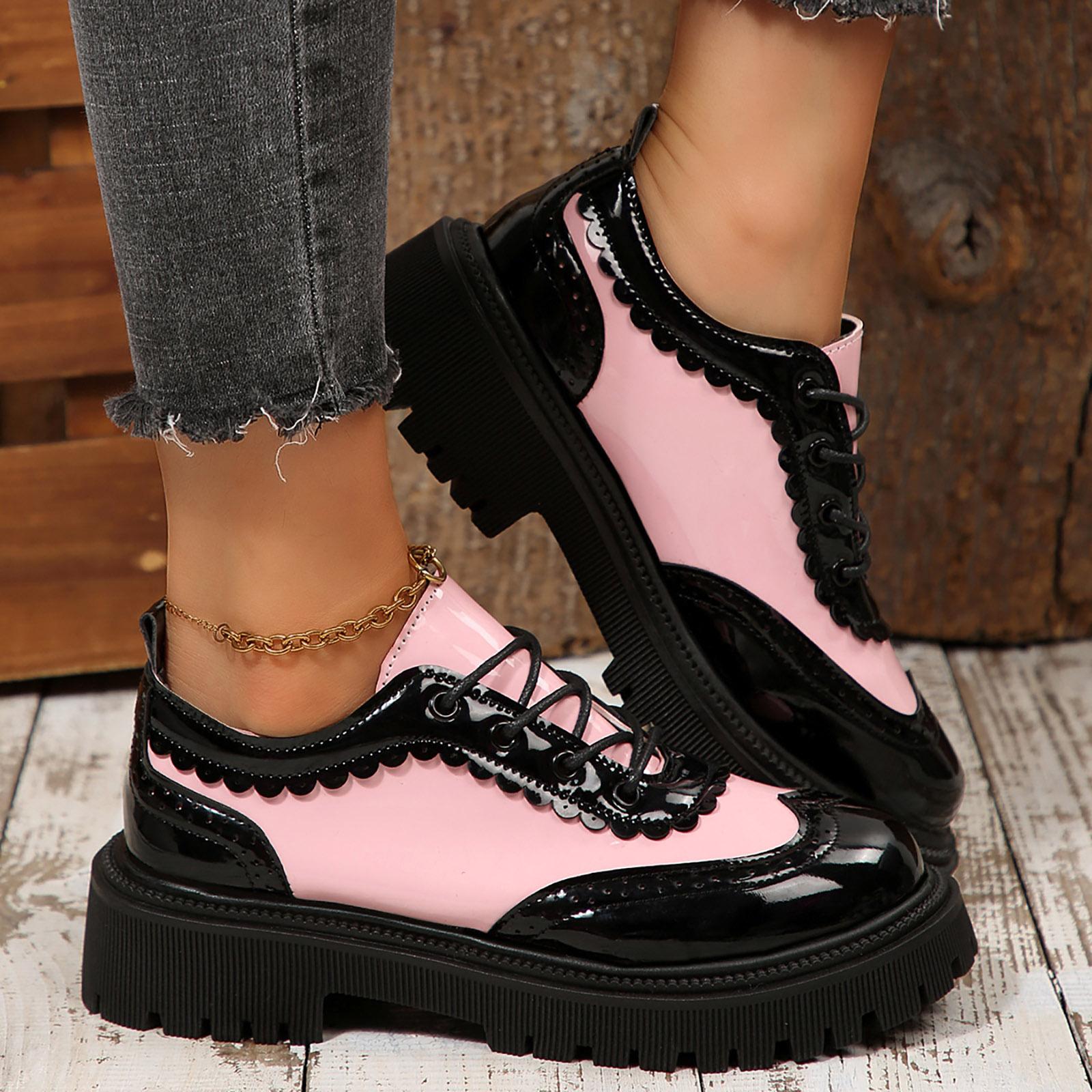 Женские Лоферы на Толстом Каблуке Повседневная Мода Женские С Передней Шнуровкой Удобные Деловой Повседневный Стиль Женские 36 розовый 3480₽