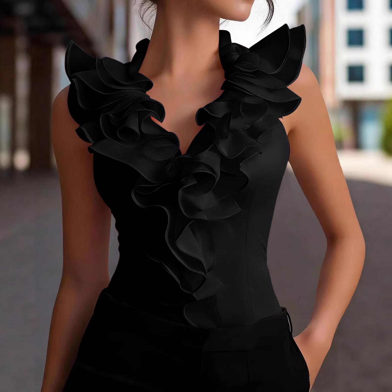 

Women s Ruffle Detail Sleeveless Blouse V Neck Layered Ruffled Front Shirt Top Elegant Design Slim Fit XXL чёрный