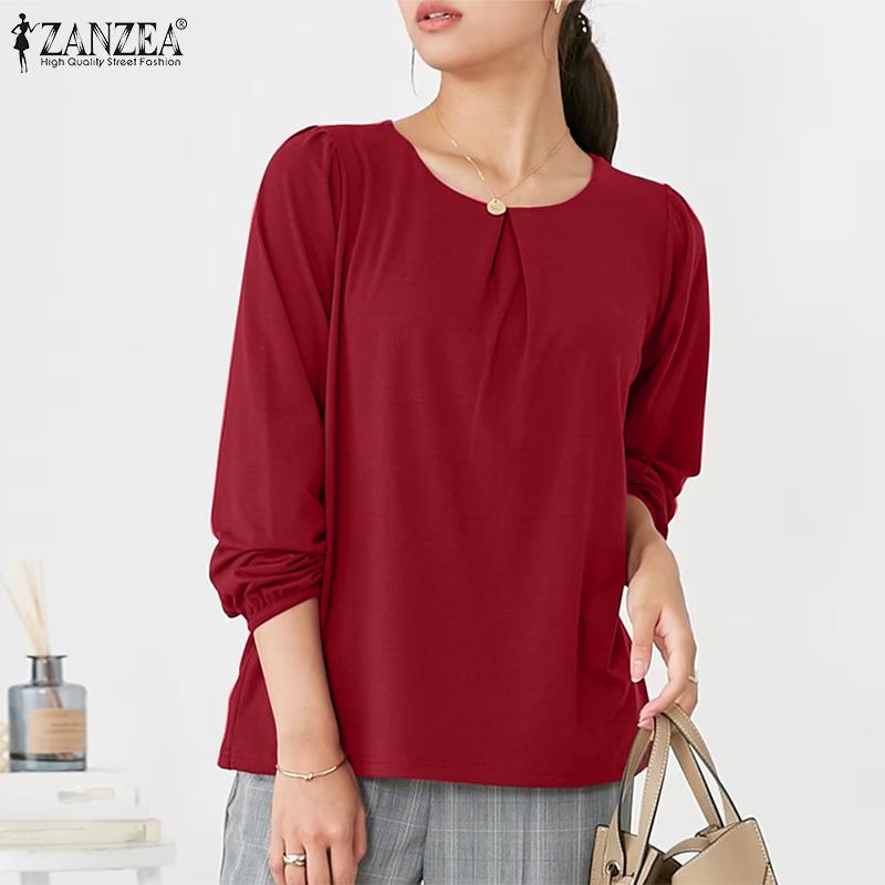 

ZANZEA Женская повседневная свободная простая блузка с длинным рукавом и круглым вырезом