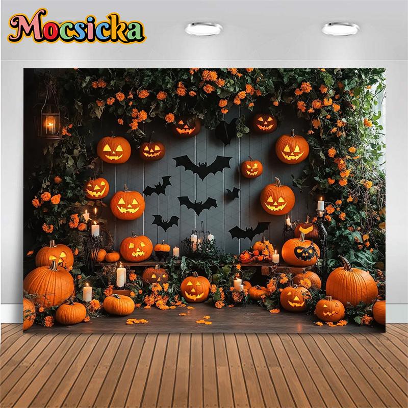 Mocsicka Halloween Backgrounds For Photography Terrible Pumpkin Party Backdrop Bat Flower Jack-O-Lantern Home Decorations Banner