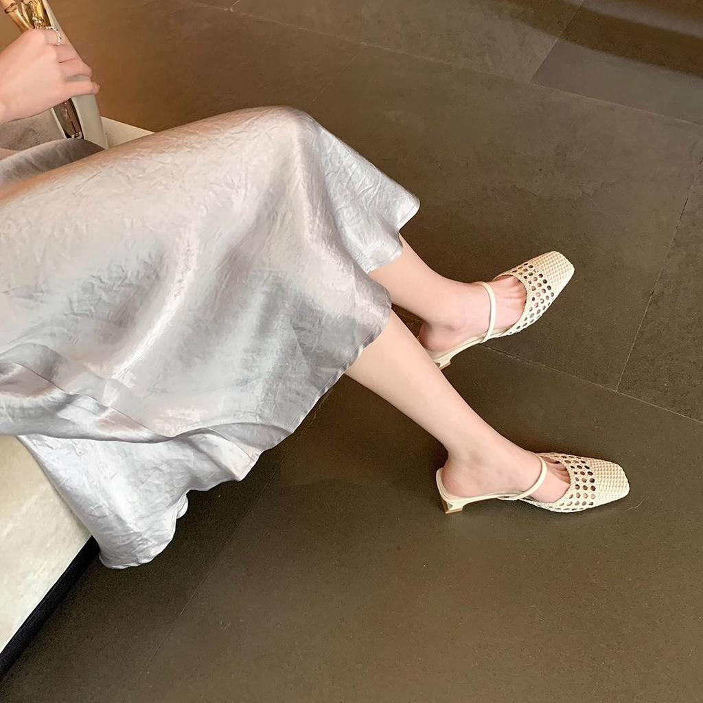 Sheepskin Version~ Hollow One-word Woven Thick Heel Half Slippers Women's Shoes Sandals Outer Wear