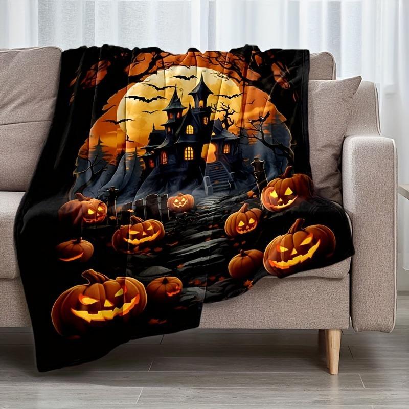 Halloween Ghost Pumpkin Skull Flannel Blanket Throw Blanket Nap Blanket Party Decor Horror Gift Skin Friendly Reversible