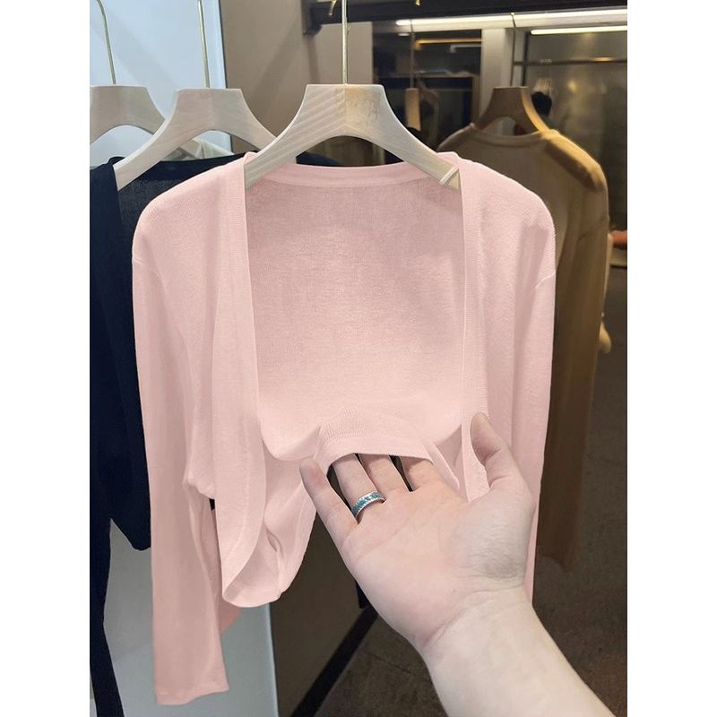 

White Short Ice Silk Knitted Sun-Proof Cardigan Women s Thin Autumn Suspender Skirt Outer Tulle Outwear Air Conditioning Blouse Pink L