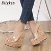 Fashion Eilyken Elegant Open Toe PVC Transparent Wood Grain Wedge Woman Slippers Fashion Ladies Beach High Heel Slide Shoes
