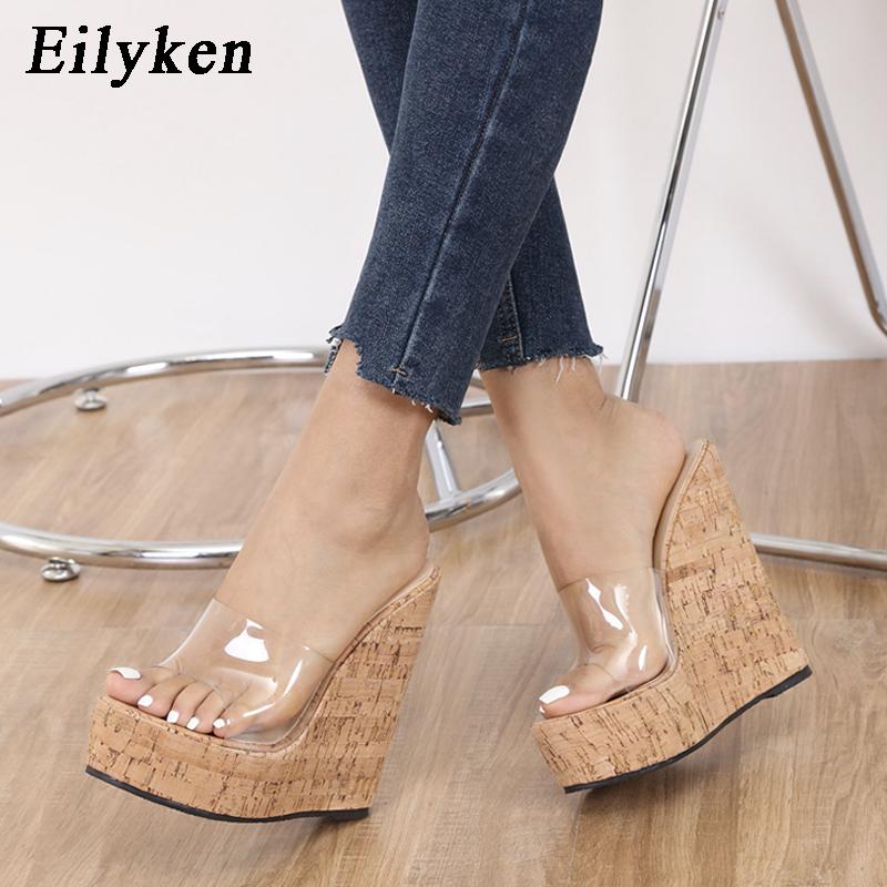 Fashion Eilyken Elegant Open Toe PVC Transparent Wood Grain Wedge Woman Slippers Fashion Ladies Beach High Heel Slide Shoes