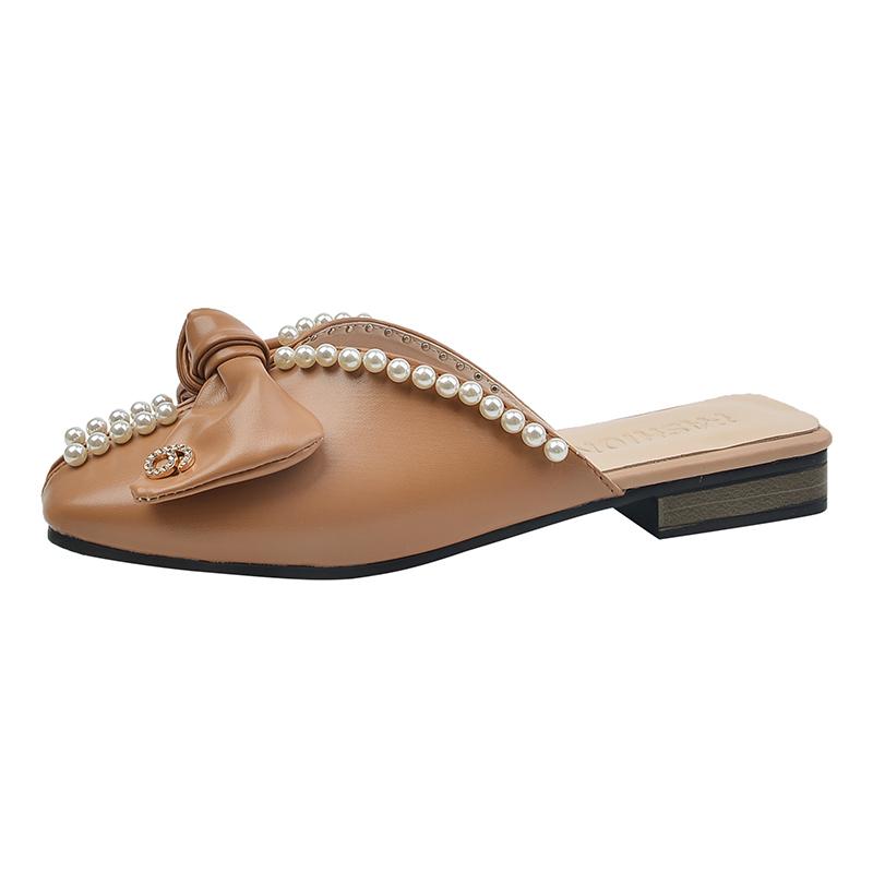 Fashion Bow Design Sweet Slippers for Women 2024 Spring and Summer Mules Sexy Low-cut Flat Bottom Square Women's Closed Toe Slippers