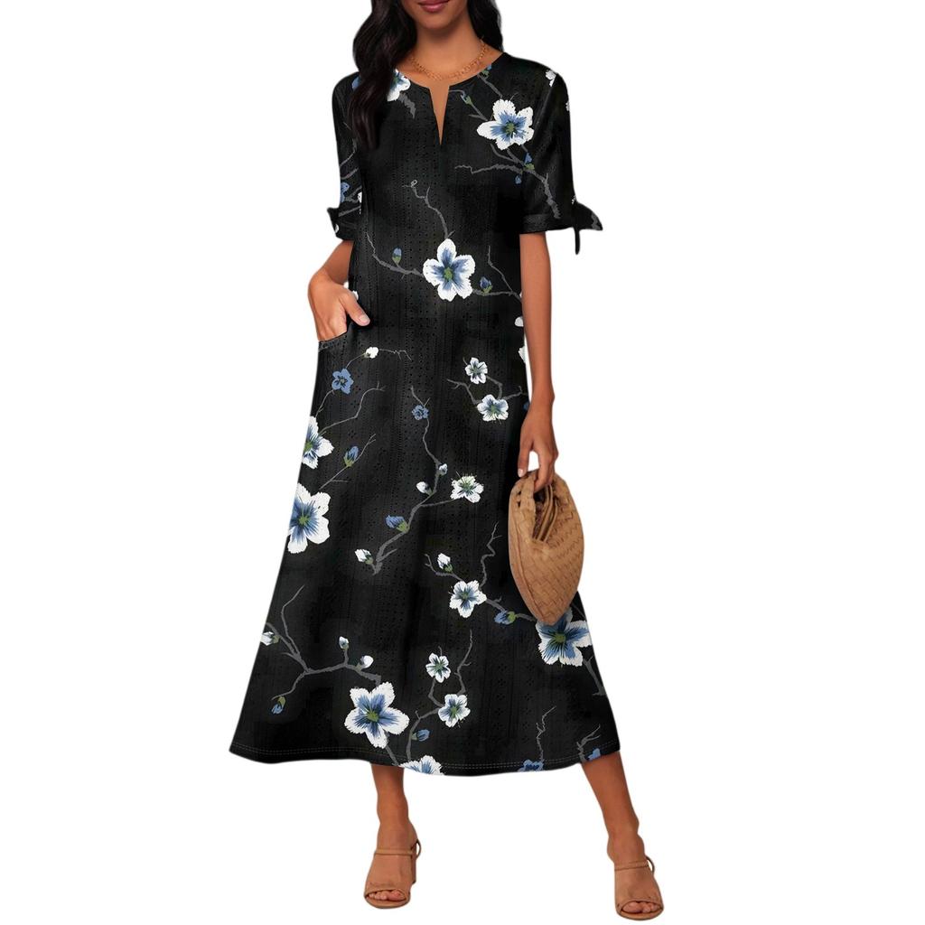 Ladies Casual Fashion Temperament Elegant Waist Patchwork Print Long Dress