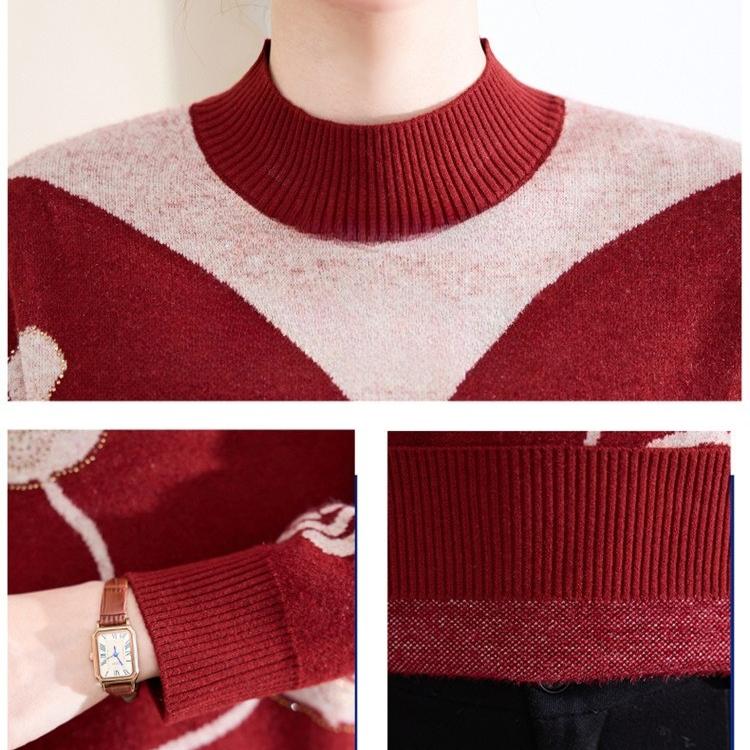 Women's Colorblock Stand Collar Sweater Long Sleeve Rhinestone Print Sweater Autumn/Winter
