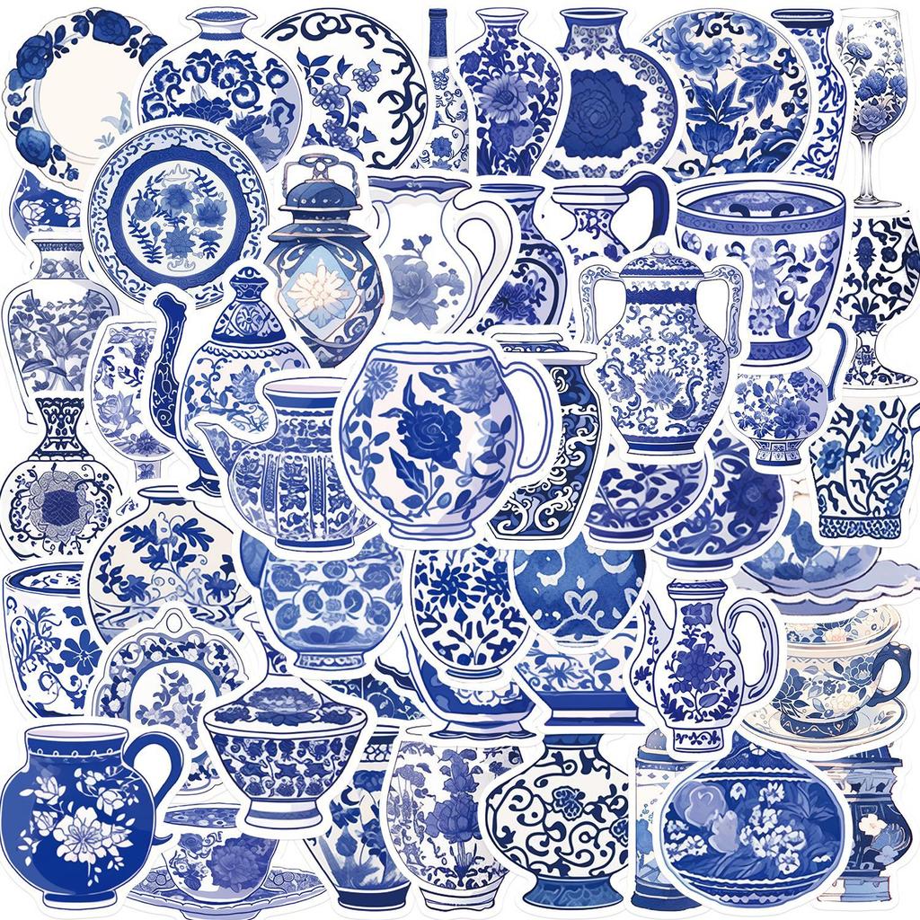 50KS Kreslené modrobílé porcelánové samolepky Personalizovaná dekorace Kytara Notebook Zavazadla DIY Voděodolné samolepky