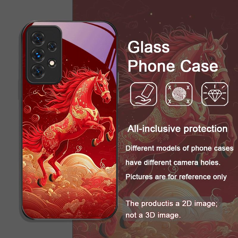 Stylish Chinese-Style Red Horse Print Tempered Glass Phone Case for Samsung Galaxy A56 A17 A55 A54 A53 A52 A36 A14 A31 A51 Cover