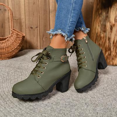 2025 Women Heel Lace Up Ankle Boots Ladies Buckle Platform Artificial Shoes Fashion High Leather Shoes Bota Feminina