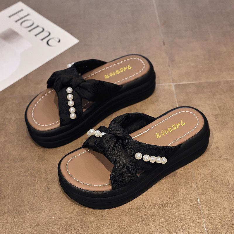 Bow Thick-soled Cool Slippers Women's Summer Wear 2025 New Versatile National Style Sandals Pearl Beach One-word Slippers