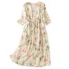 V-neck Seven-quarter-sleeved High-end Floral Dress for Women's 2025 Summer New Temperament Retro Cotton and Linen Long Skirt