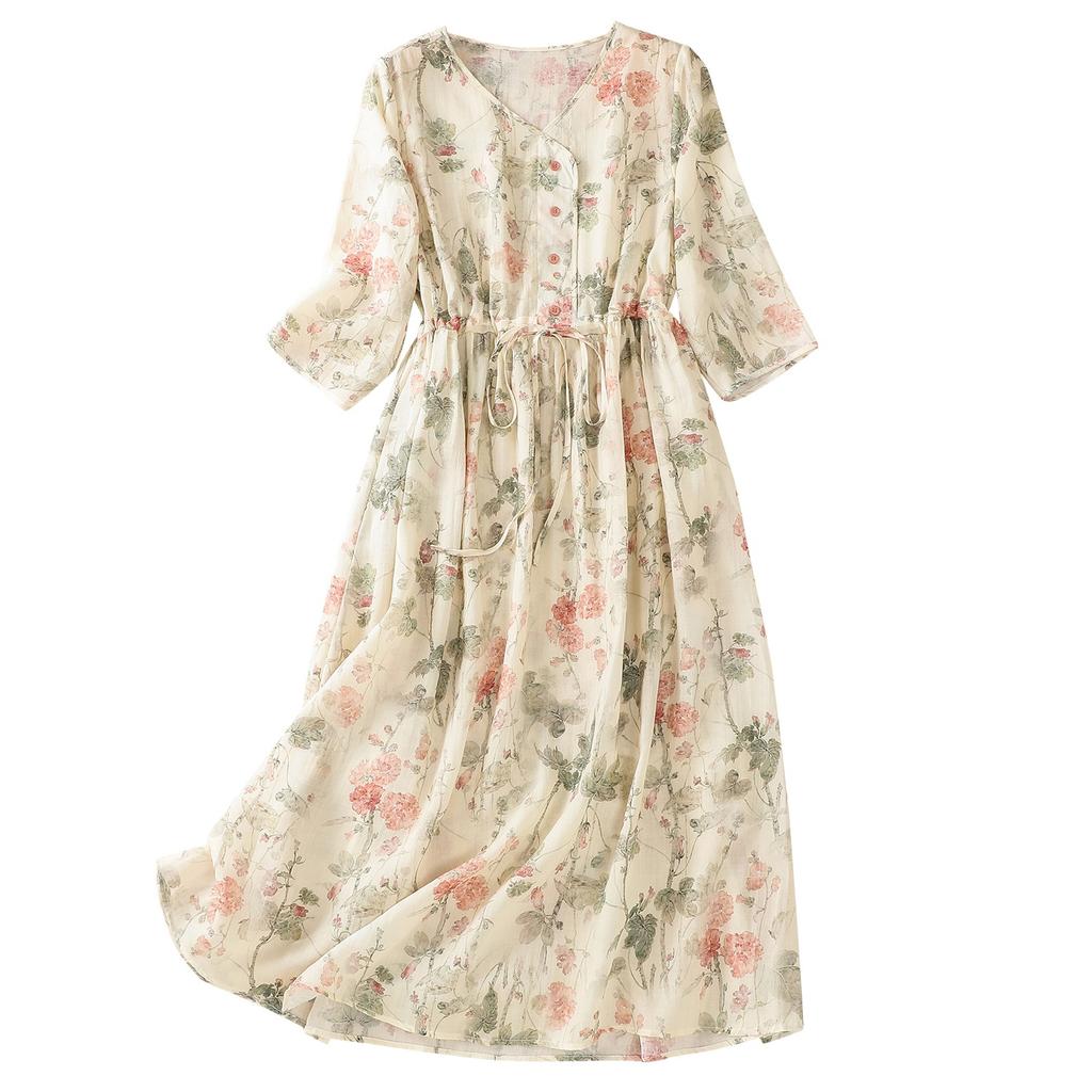V-neck Seven-quarter-sleeved High-end Floral Dress for Women's 2025 Summer New Temperament Retro Cotton and Linen Long Skirt