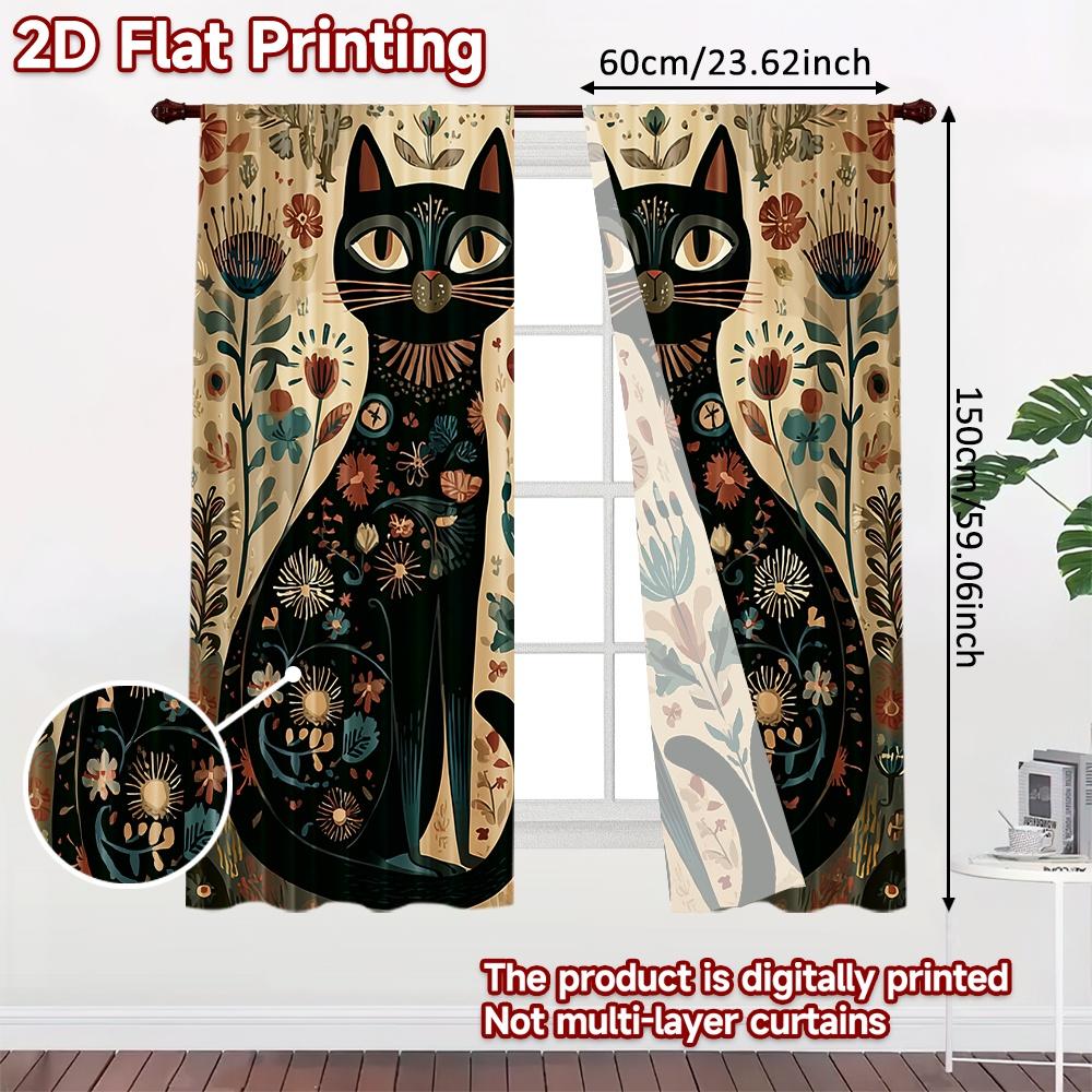 Set Of 2 Flat Printing Scene Curtain Floral Feline Duo Digital Printed Polyester Drapes All Season Party Holiday Decor Perfect