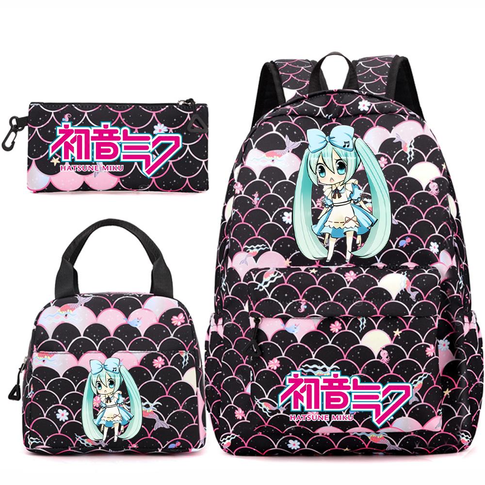 3 Stück/Set Anime Cartoon Hatsune Miku Bedruckter Rucksack Handtasche Federmäppchen für Teenager Schüler Mädchen Jungen Große Kapazität Wasserdicht Schultasche Reisetasche