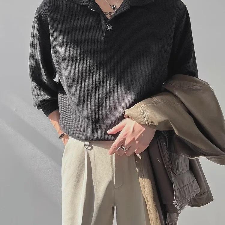 Men's Long-Sleeve Waffle Polo - Trendy Loose-Fit T-Shirt for Spring & Autumn