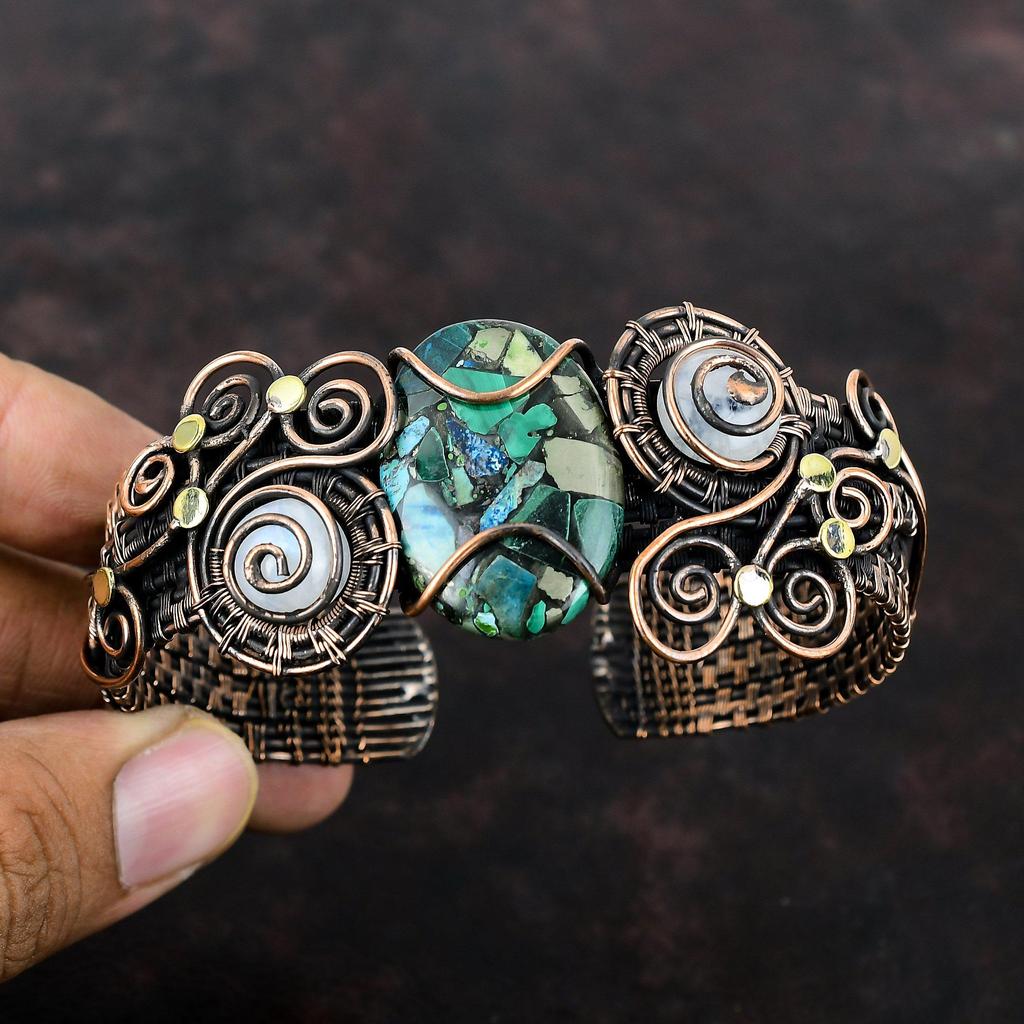 Copper Azurite Malachite Cuff Bracelet Copper Wire Wrapped Bangle Adjustable Cuff Bracelet Moonstone Bangle Handmade Dainty Gemstone Jewelry
