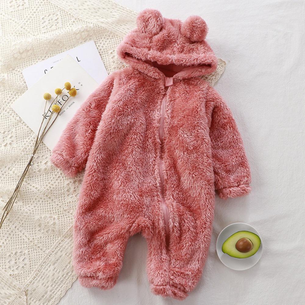 Bear Shape Baby Rompers Coral Fleece Newborn Pajamas Kawaii Infant Jumpsuits Winter Season S