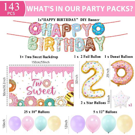 ZOiiWA 143Pcs Two Sweet Birthday Party Decorations Girls Donut Tableware Set Sweet Donut 2nd Party Plates Napkins Backdrop Tablecloth Banner Balloons