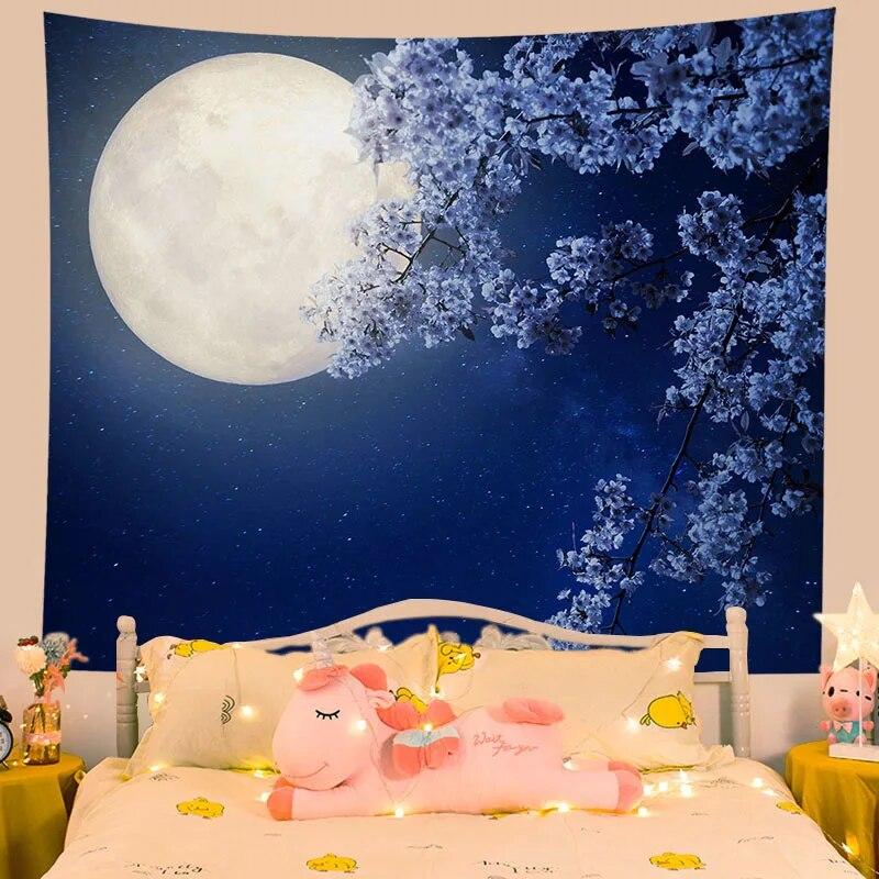 Tapestry Flower Moon Night Home Aesthetics Living Room Wall Decoration Hanging Background Cloth