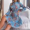 New Elegant Floral Tie Waist Long Sleeve Pleated Skirt Women's Fashion Dresses