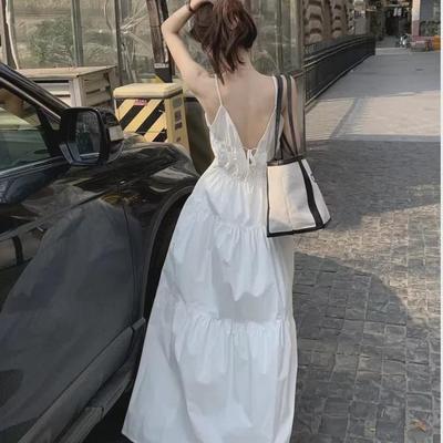 Rochie de vară albă în stil francez, cu imprimeu de zână la malul mării - Rochie maxi elegantă și zveltă de vară pentru femei