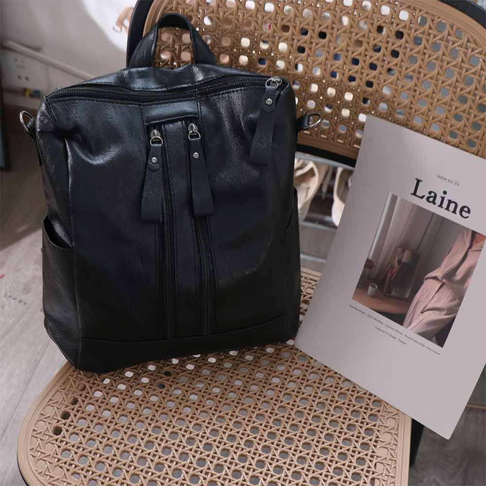 Weiches Leder Leder Rucksack Schwarz Multifunktional Schulrucksack Koreanischer Stil Rucksack College