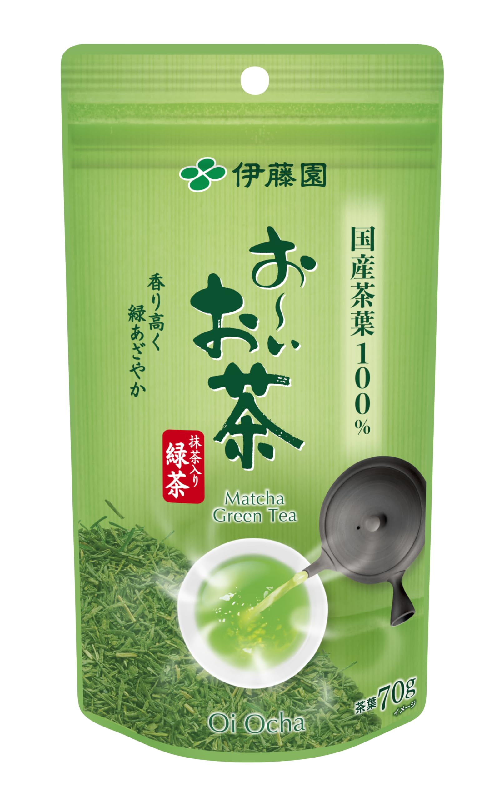 Itoen Oi Ocha Matcha Green Tea Made with Domestic Tea in a resealable 70g, 100% Leaves, stand-up pouch.