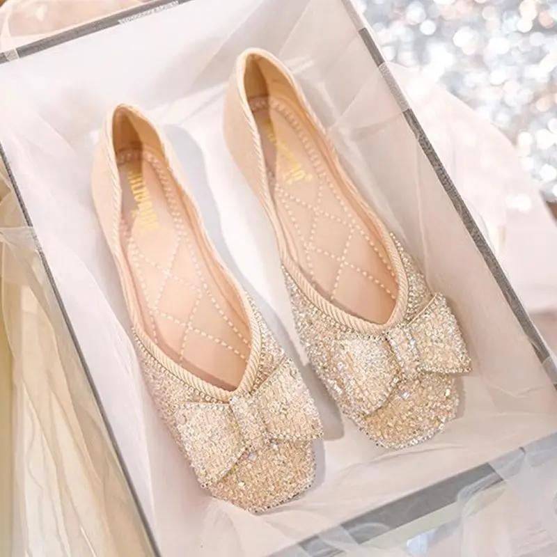Fashion With Crystals Diamond Bow Rhinestone Low Heel Elegant Square Toe Woman Flats Y2k Young Discount Popular Spring Shoes for Women