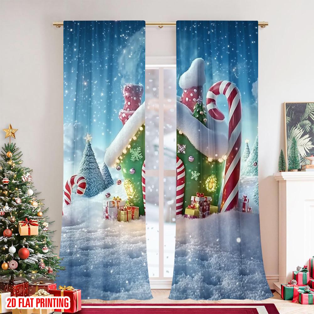 2 Stück 2D-Flachdruck Frohe Weihnachten Beliebte Fenstergardinen Weihnachtsmann und Zuckerstange Vielseitig Langlebiges Polyester Ohne