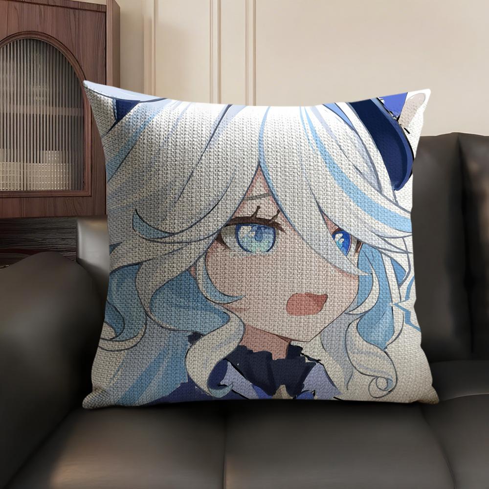 Cute Furina Genshin Impact Cushion Cover Natural Linen Organic Fabric Double-Sided Printing Sofa Home Decor Gift Pillow Case