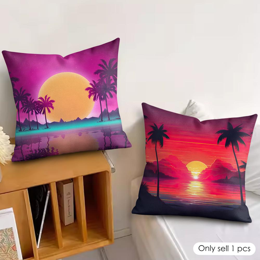 Sunset Palm Tree Fashion Cushion Cover Silky Short Plush Invisible Zipper Dustproof Sofa Pillow Case For Home Decor