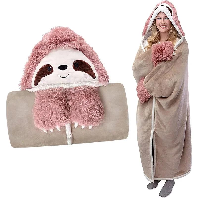 

Cartoon Animal Hooded Blanket Sloth Cape with Glove Wearable Flannel Blanket Cozy Home Christmas Gift Cute Winter Hoodie Blanket рожевий