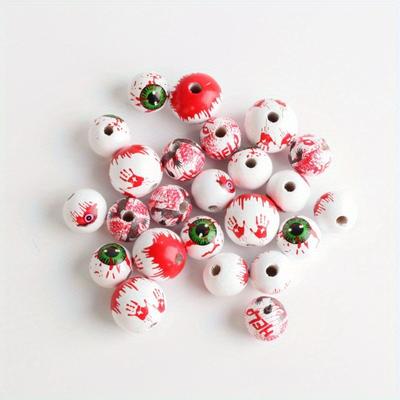 24 Pcs Halloween Wooden Beads Blood Splash Hands Eyeball Wood Beads Rustic Farmhouse Halloween Decor DIY Craft Garland Bracelets Jewelry Making