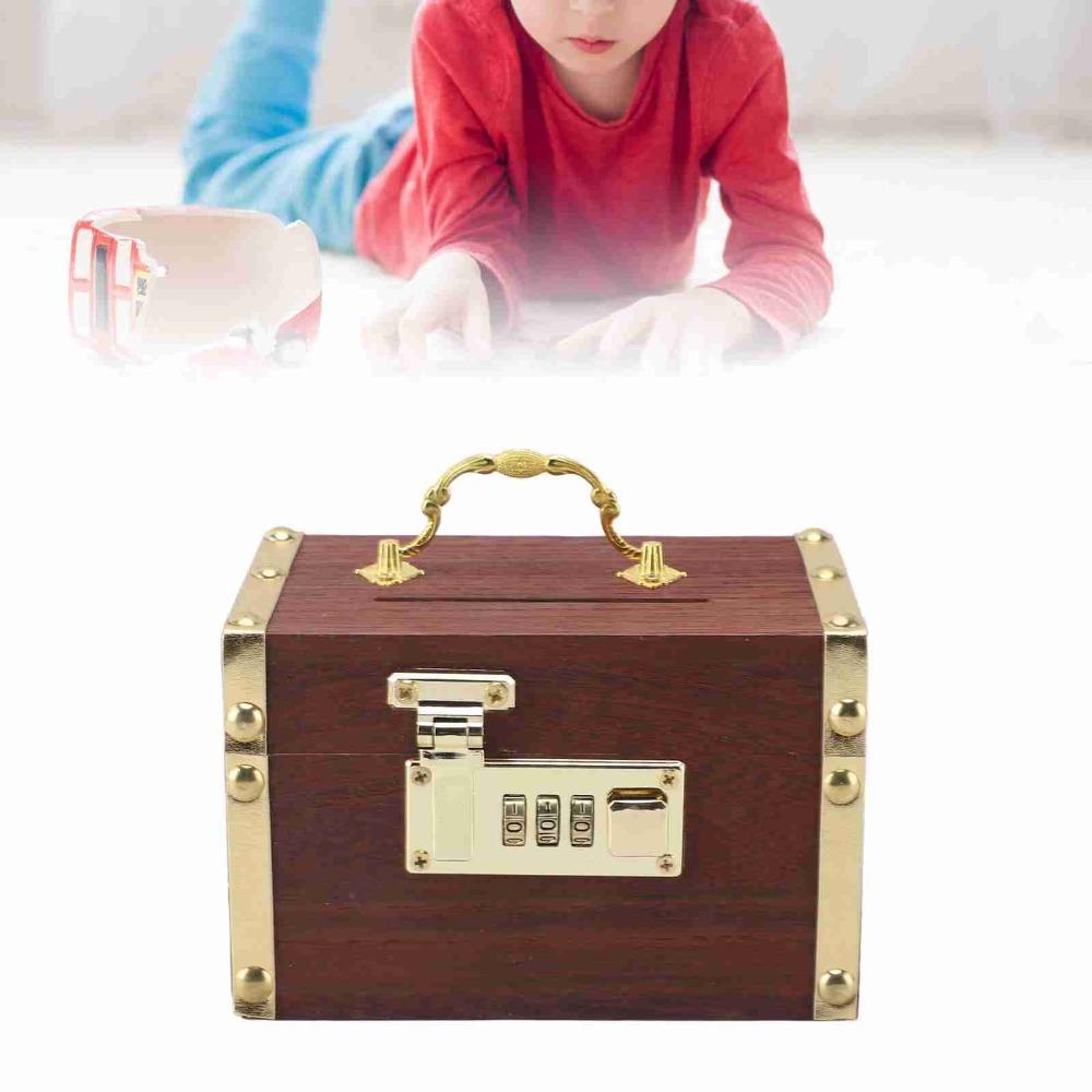 Wooden Material Locking Money Storage Box With Handle Vintage Wooden Piggy Bank Home Decor