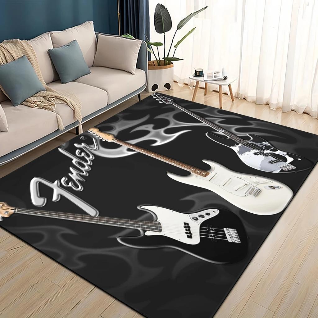 Alfombra 3D Retro con logo Fender para Instrumentos de Guitarra Música para Sala de Estar Dormitorio Hogar Decoración de Sofá, Alfombra de Piso Antideslizante para Niños