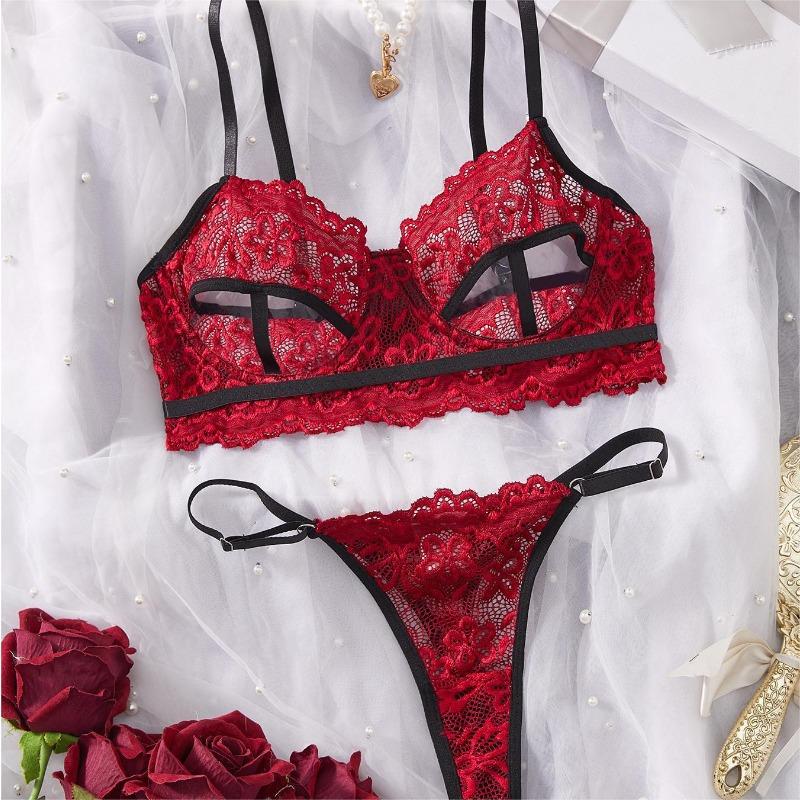 Hot-selling exy lingerie sets sexy red embroidery hollowed-out lingerie set