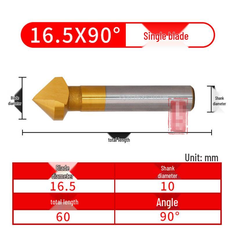 90° Titanium-Coated Chamfering Tool, Single/Three-Flute, 45° Countersink and Deburrer for Stainless Steel.